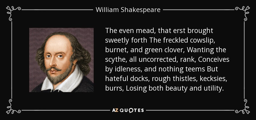 The even mead, that erst brought sweetly forth The freckled cowslip, burnet, and green clover, Wanting the scythe, all uncorrected, rank, Conceives by idleness, and nothing teems But hateful docks, rough thistles, kecksies, burrs, Losing both beauty and utility. - William Shakespeare