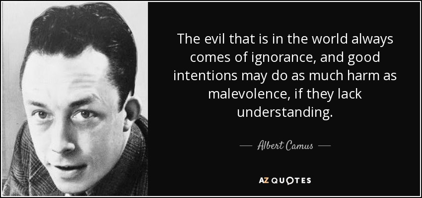 The evil that is in the world always comes of ignorance, and good intentions may do as much harm as malevolence, if they lack understanding. - Albert Camus