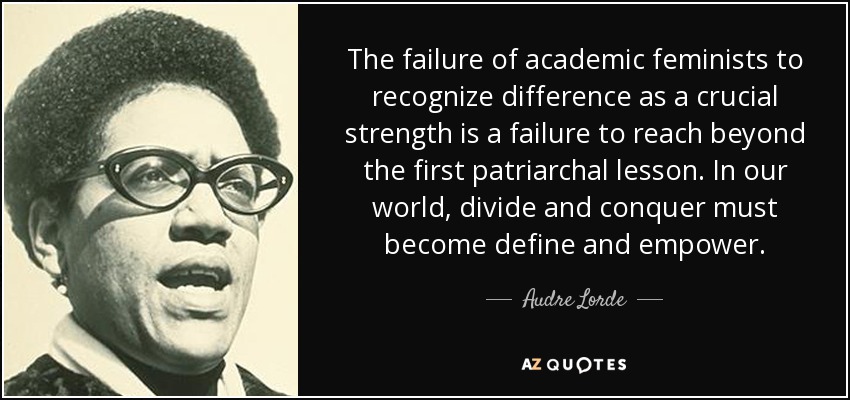 The failure of academic feminists to recognize difference as a crucial strength is a failure to reach beyond the first patriarchal lesson. In our world, divide and conquer must become define and empower. - Audre Lorde
