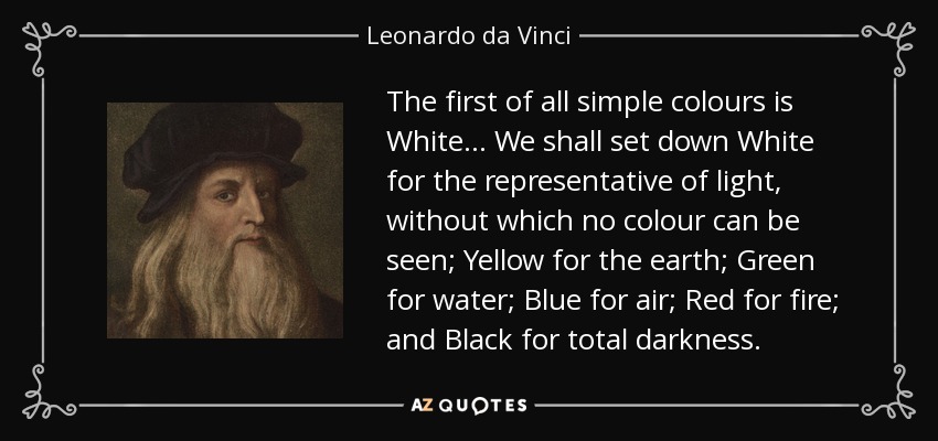 The first of all simple colours is White ... We shall set down White for the representative of light, without which no colour can be seen; Yellow for the earth; Green for water; Blue for air; Red for fire; and Black for total darkness. - Leonardo da Vinci