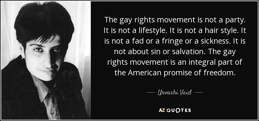 The gay rights movement is not a party. It is not a lifestyle. It is not a hair style. It is not a fad or a fringe or a sickness. It is not about sin or salvation. The gay rights movement is an integral part of the American promise of freedom. - Urvashi Vaid