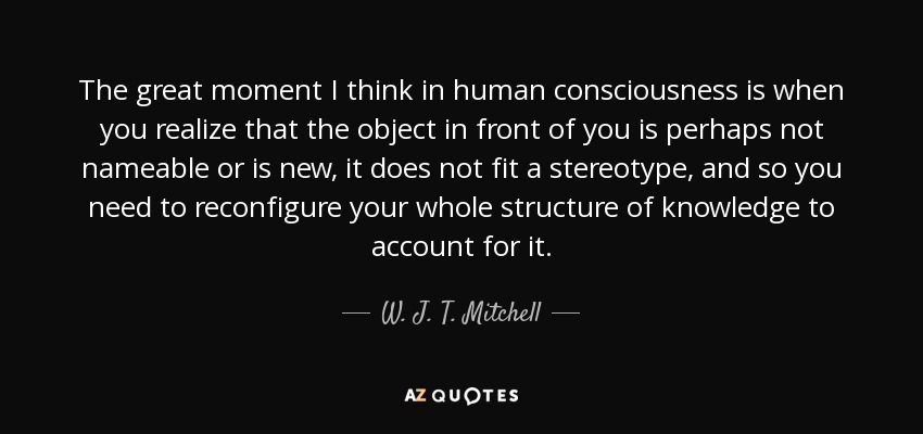 The great moment I think in human consciousness is when you realize that the object in front of you is perhaps not nameable or is new, it does not fit a stereotype, and so you need to reconfigure your whole structure of knowledge to account for it. - W. J. T. Mitchell