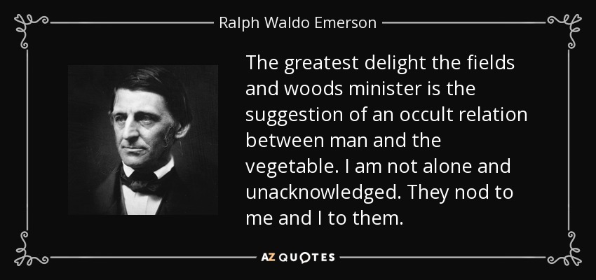 The greatest delight the fields and woods minister is the suggestion of an occult relation between man and the vegetable. I am not alone and unacknowledged. They nod to me and I to them. - Ralph Waldo Emerson