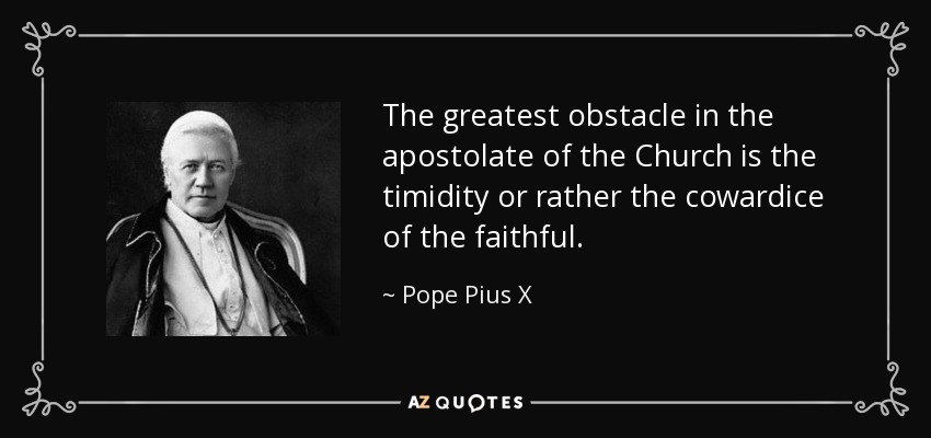 The greatest obstacle in the apostolate of the Church is the timidity or rather the cowardice of the faithful. - Pope Pius X