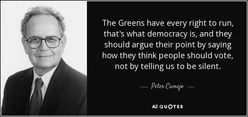 The Greens have every right to run, that's what democracy is, and they should argue their point by saying how they think people should vote, not by telling us to be silent. - Peter Camejo