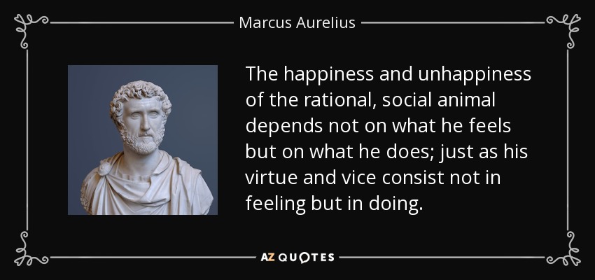 The happiness and unhappiness of the rational, social animal depends not on what he feels but on what he does; just as his virtue and vice consist not in feeling but in doing. - Marcus Aurelius