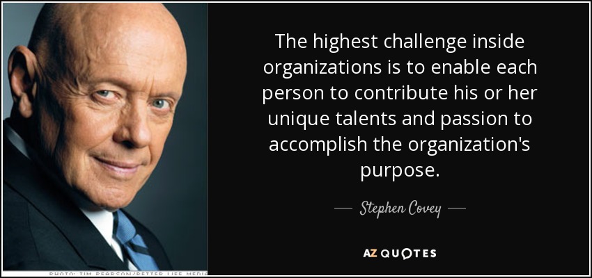 The highest challenge inside organizations is to enable each person to contribute his or her unique talents and passion to accomplish the organization's purpose. - Stephen Covey