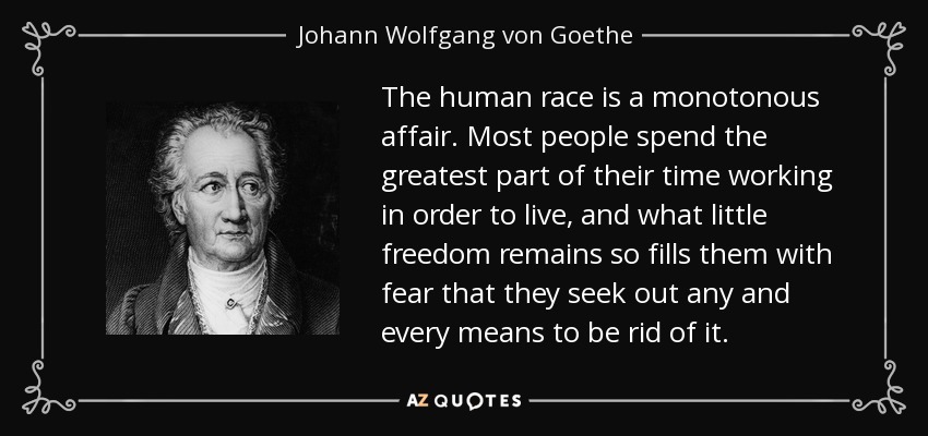 The human race is a monotonous affair. Most people spend the greatest part of their time working in order to live, and what little freedom remains so fills them with fear that they seek out any and every means to be rid of it. - Johann Wolfgang von Goethe