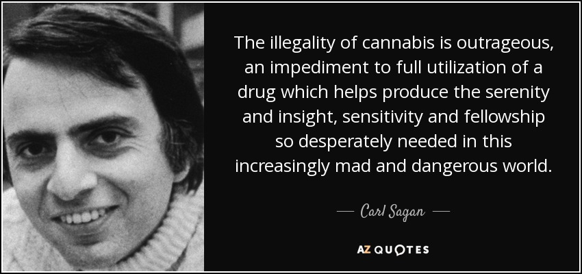 The illegality of cannabis is outrageous, an impediment to full utilization of a drug which helps produce the serenity and insight, sensitivity and fellowship so desperately needed in this increasingly mad and dangerous world. - Carl Sagan
