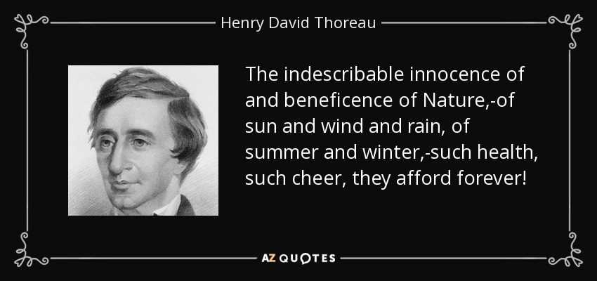 The indescribable innocence of and beneficence of Nature,-of sun and wind and rain, of summer and winter,-such health, such cheer, they afford forever! - Henry David Thoreau