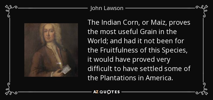 The Indian Corn, or Maiz, proves the most useful Grain in the World; and had it not been for the Fruitfulness of this Species, it would have proved very difficult to have settled some of the Plantations in America. - John Lawson