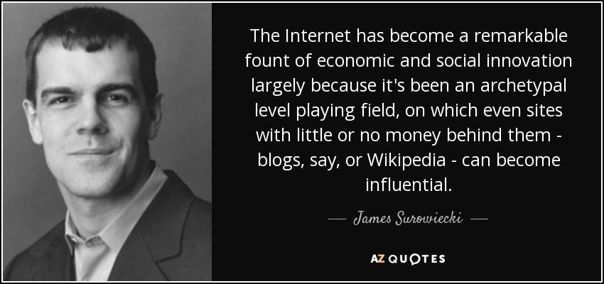 The Internet has become a remarkable fount of economic and social innovation largely because it's been an archetypal level playing field, on which even sites with little or no money behind them - blogs, say, or Wikipedia - can become influential. - James Surowiecki