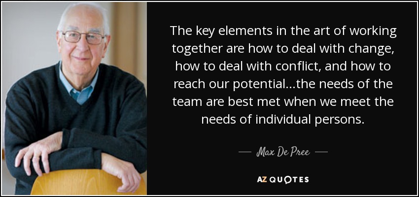 The key elements in the art of working together are how to deal with change, how to deal with conflict, and how to reach our potential...the needs of the team are best met when we meet the needs of individual persons. - Max De Pree