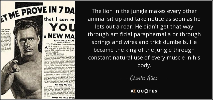 The lion in the jungle makes every other animal sit up and take notice as soon as he lets out a roar. He didn't get that way through artificial paraphernalia or through springs and wires and trick dumbells. He became the king of the jungle through constant natural use of every muscle in his body. - Charles Atlas