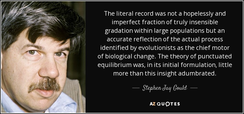 The literal record was not a hopelessly and imperfect fraction of truly insensible gradation within large populations but an accurate reflection of the actual process identified by evolutionists as the chief motor of biological change. The theory of punctuated equilibrium was, in its initial formulation, little more than this insight adumbrated. - Stephen Jay Gould