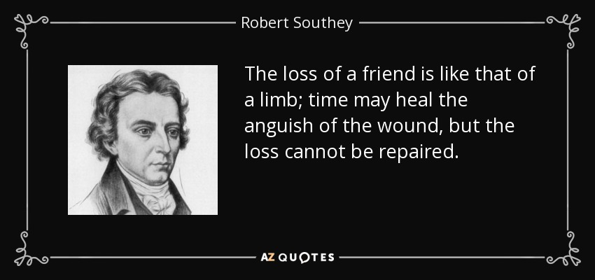 The loss of a friend is like that of a limb; time may heal the anguish of the wound, but the loss cannot be repaired. - Robert Southey