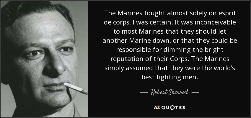 The Marines fought almost solely on esprit de corps, I was certain. It was inconceivable to most Marines that they should let another Marine down, or that they could be responsible for dimming the bright reputation of their Corps. The Marines simply assumed that they were the world's best fighting men. - Robert Sherrod