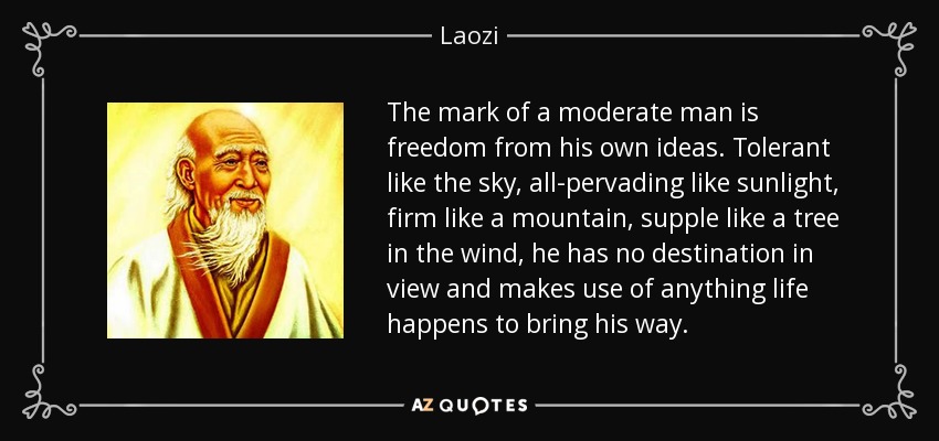 The mark of a moderate man is freedom from his own ideas. Tolerant like the sky, all-pervading like sunlight, firm like a mountain, supple like a tree in the wind, he has no destination in view and makes use of anything life happens to bring his way. - Laozi