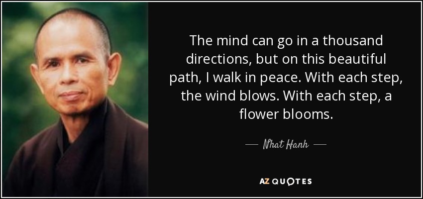 The mind can go in a thousand directions, but on this beautiful path, I walk in peace. With each step, the wind blows. With each step, a flower blooms. - Nhat Hanh