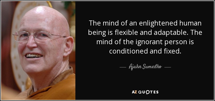 The mind of an enlightened human being is flexible and adaptable. The mind of the ignorant person is conditioned and fixed. - Ajahn Sumedho