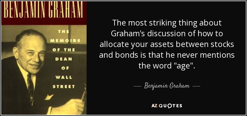 The most striking thing about Graham's discussion of how to allocate your assets between stocks and bonds is that he never mentions the word 