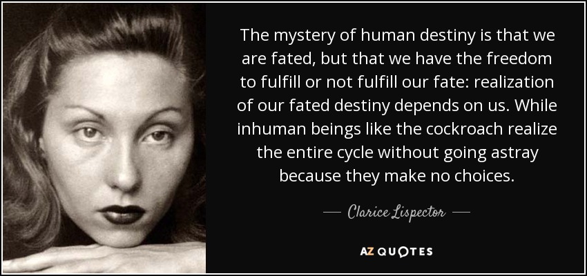The mystery of human destiny is that we are fated, but that we have the freedom to fulfill or not fulfill our fate: realization of our fated destiny depends on us. While inhuman beings like the cockroach realize the entire cycle without going astray because they make no choices. - Clarice Lispector