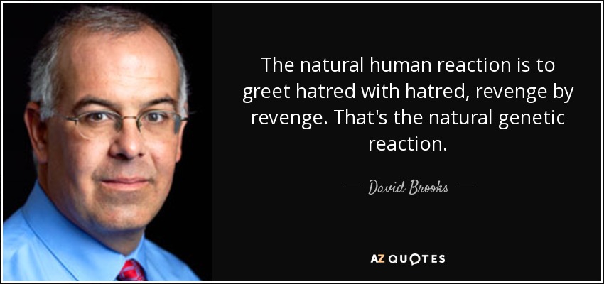 The natural human reaction is to greet hatred with hatred, revenge by revenge. That's the natural genetic reaction. - David Brooks