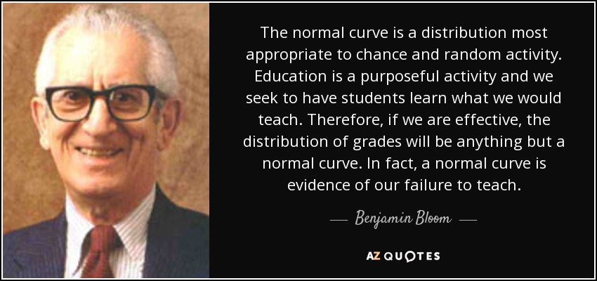 The normal curve is a distribution most appropriate to chance and random activity. Education is a purposeful activity and we seek to have students learn what we would teach. Therefore, if we are effective, the distribution of grades will be anything but a normal curve. In fact, a normal curve is evidence of our failure to teach. - Benjamin Bloom