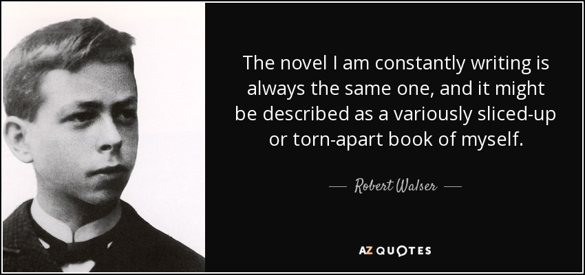 The novel I am constantly writing is always the same one, and it might be described as a variously sliced-up or torn-apart book of myself. - Robert Walser