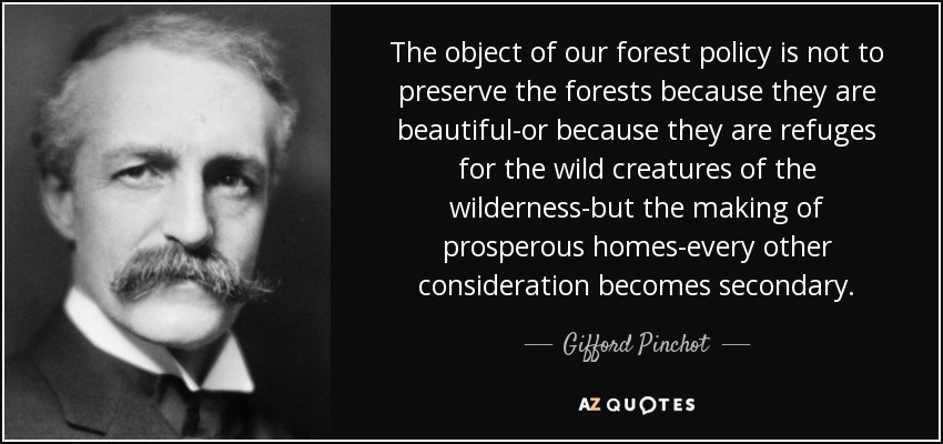 The object of our forest policy is not to preserve the forests because they are beautiful-or because they are refuges for the wild creatures of the wilderness-but the making of prosperous homes-every other consideration becomes secondary. - Gifford Pinchot
