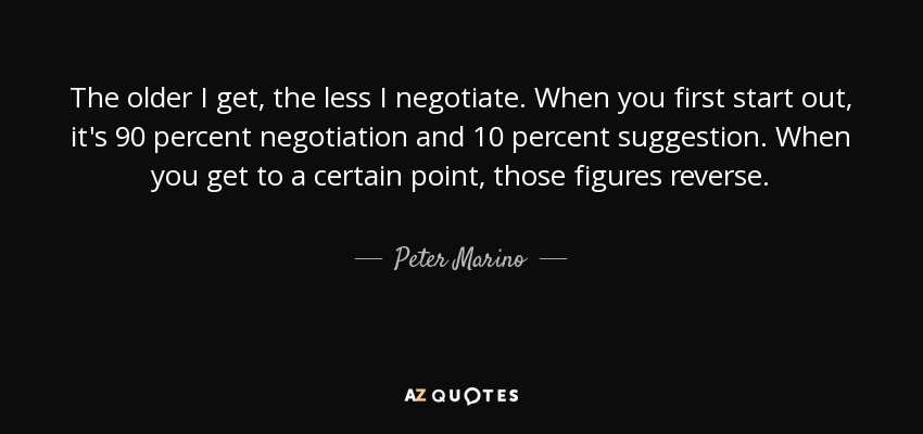 The older I get, the less I negotiate. When you first start out, it's 90 percent negotiation and 10 percent suggestion. When you get to a certain point, those figures reverse. - Peter Marino