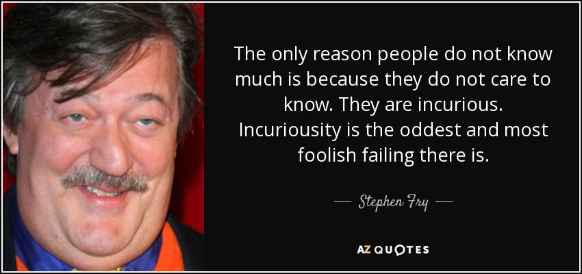 The only reason people do not know much is because they do not care to know. They are incurious. Incuriousity is the oddest and most foolish failing there is. - Stephen Fry