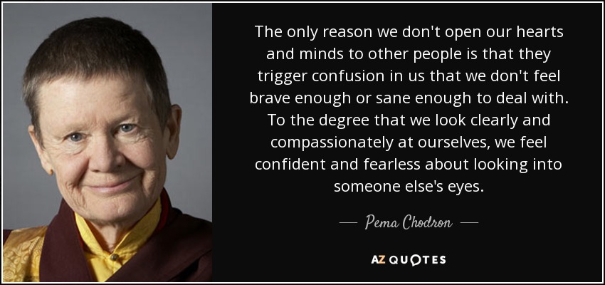 The only reason we don't open our hearts and minds to other people is that they trigger confusion in us that we don't feel brave enough or sane enough to deal with. To the degree that we look clearly and compassionately at ourselves, we feel confident and fearless about looking into someone else's eyes. - Pema Chodron