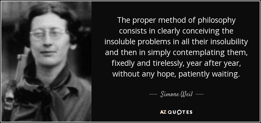The proper method of philosophy consists in clearly conceiving the insoluble problems in all their insolubility and then in simply contemplating them, fixedly and tirelessly, year after year, without any hope, patiently waiting. - Simone Weil