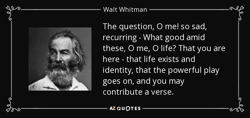 The question, O me! so sad, recurring - What good amid these, O me, O life? That you are here - that life exists and identity, that the powerful play goes on, and you may contribute a verse. - Walt Whitman