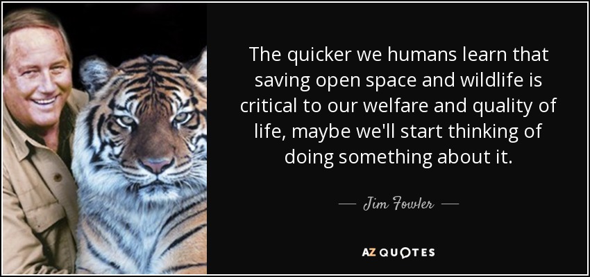 The quicker we humans learn that saving open space and wildlife is critical to our welfare and quality of life, maybe we'll start thinking of doing something about it. - Jim Fowler