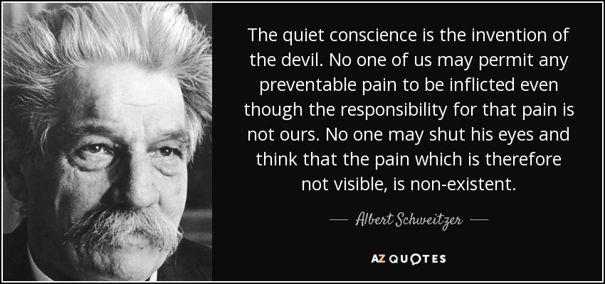 The quiet conscience is the invention of the devil. No one of us may permit any preventable pain to be inflicted even though the responsibility for that pain is not ours. No one may shut his eyes and think that the pain which is therefore not visible, is non-existent. - Albert Schweitzer
