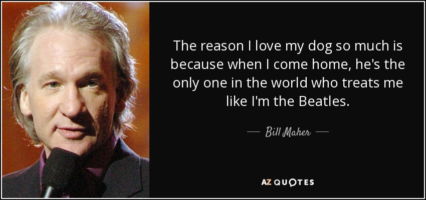The reason I love my dog so much is because when I come home, he's the only one in the world who treats me like I'm the Beatles. - Bill Maher