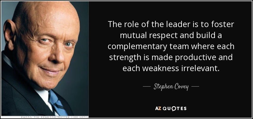 The role of the leader is to foster mutual respect and build a complementary team where each strength is made productive and each weakness irrelevant. - Stephen Covey