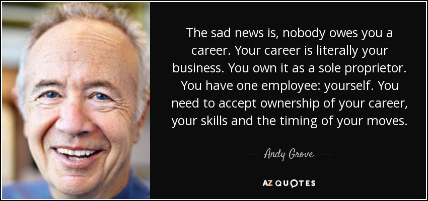 The sad news is, nobody owes you a career. Your career is literally your business. You own it as a sole proprietor. You have one employee: yourself. You need to accept ownership of your career, your skills and the timing of your moves. - Andy Grove