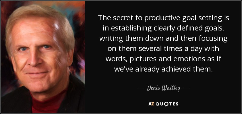 The secret to productive goal setting is in establishing clearly defined goals, writing them down and then focusing on them several times a day with words, pictures and emotions as if we've already achieved them. - Denis Waitley