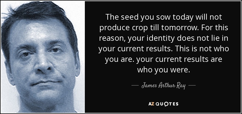 The seed you sow today will not produce crop till tomorrow. For this reason, your identity does not lie in your current results. This is not who you are. your current results are who you were. - James Arthur Ray
