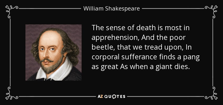 The sense of death is most in apprehension, And the poor beetle, that we tread upon, In corporal sufferance finds a pang as great As when a giant dies. - William Shakespeare