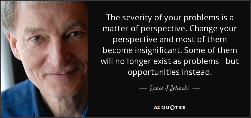 The severity of your problems is a matter of perspective. Change your perspective and most of them become insignificant. Some of them will no longer exist as problems - but opportunities instead. - Ernie J Zelinski