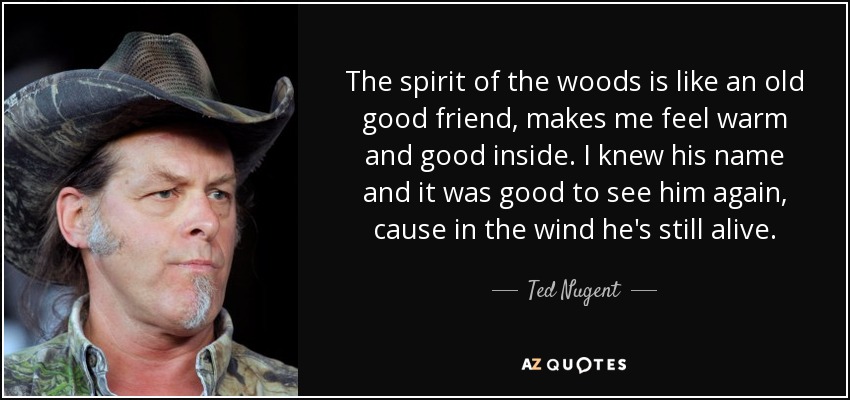 The spirit of the woods is like an old good friend, makes me feel warm and good inside. I knew his name and it was good to see him again, cause in the wind he's still alive. - Ted Nugent