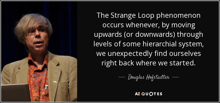 The Strange Loop phenomenon occurs whenever, by moving upwards (or downwards) through levels of some hierarchial system, we unexpectedly find ourselves right back where we started. - Douglas Hofstadter