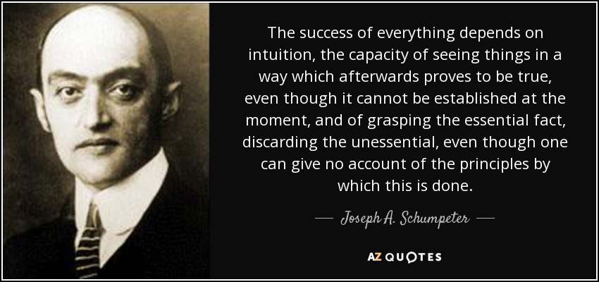 The success of everything depends on intuition, the capacity of seeing things in a way which afterwards proves to be true, even though it cannot be established at the moment, and of grasping the essential fact, discarding the unessential, even though one can give no account of the principles by which this is done. - Joseph A. Schumpeter