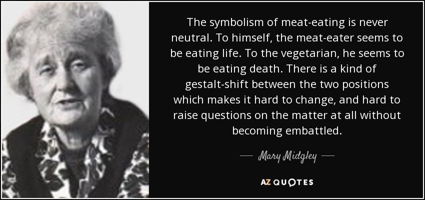 The symbolism of meat-eating is never neutral. To himself, the meat-eater seems to be eating life. To the vegetarian, he seems to be eating death. There is a kind of gestalt-shift between the two positions which makes it hard to change, and hard to raise questions on the matter at all without becoming embattled. - Mary Midgley