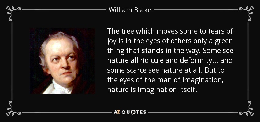 The tree which moves some to tears of joy is in the eyes of others only a green thing that stands in the way. Some see nature all ridicule and deformity... and some scarce see nature at all. But to the eyes of the man of imagination, nature is imagination itself. - William Blake