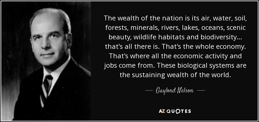 The wealth of the nation is its air, water, soil, forests, minerals, rivers, lakes, oceans, scenic beauty, wildlife habitats and biodiversity... that's all there is. That's the whole economy. That's where all the economic activity and jobs come from. These biological systems are the sustaining wealth of the world. - Gaylord Nelson